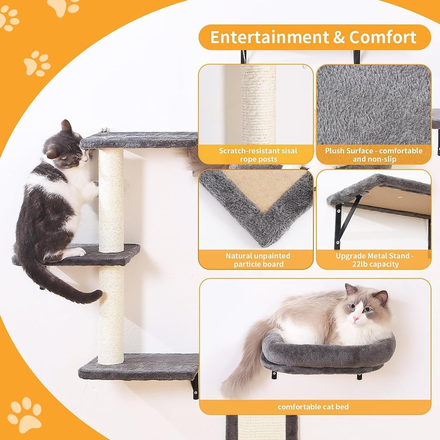 Climbing Wall Cat Set - 5-Piece Cat Wall Shelves, Sturdy Wooden Climber for Cats, Wall Park with Cat House, Cat Bridge, Cat Tree, Cat Stairs and Scratching Board for Cats up to 10 kg