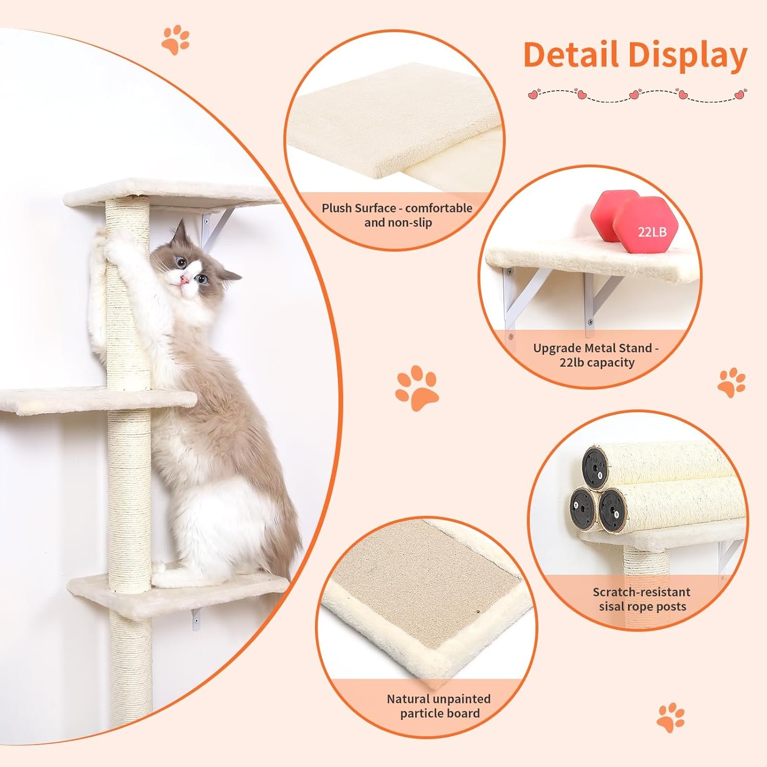 Climbing Wall Cat Set - 5-Piece Cat Wall Shelves, Sturdy Wooden Climber for Cats, Wall Park with Cat House, Cat Bridge, Cat Tree, Cat Stairs and Scratching Board for Cats up to 10 kg