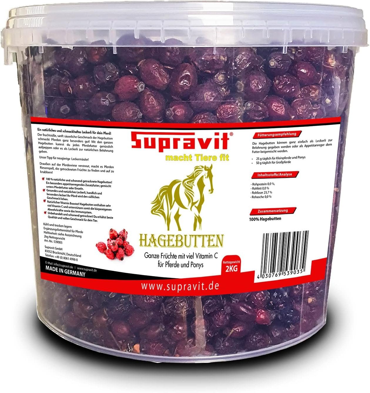 SUPRAVIT Rosehip Horse | With Lots of Vitamin C for Horses and Ponies | 2 kg Bucket I Whole Dried Fruits - Natural Horse Treats without Sugar | First Class Quality