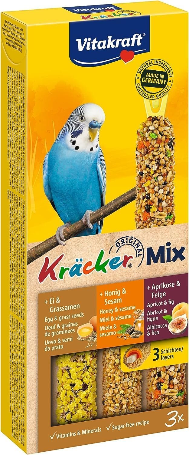 Vitakraft Kräcker Mix, Vogelsnack, für Wellensittiche, Knabberstangen, mit Ei und Grassamen, mit Aprikose und Feige, mit Honig und Sesam, ohne Zusatz von Zucker (1x 3 Stück)