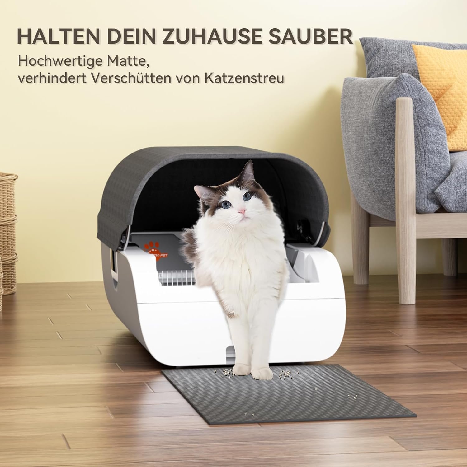 AstroPet selbstreinigende Katzentoilette mit Einklemmschutz und Geruchs-Neutralisierung, App Steuerung, viel Platz, kompatibel auch für schwere Katzen