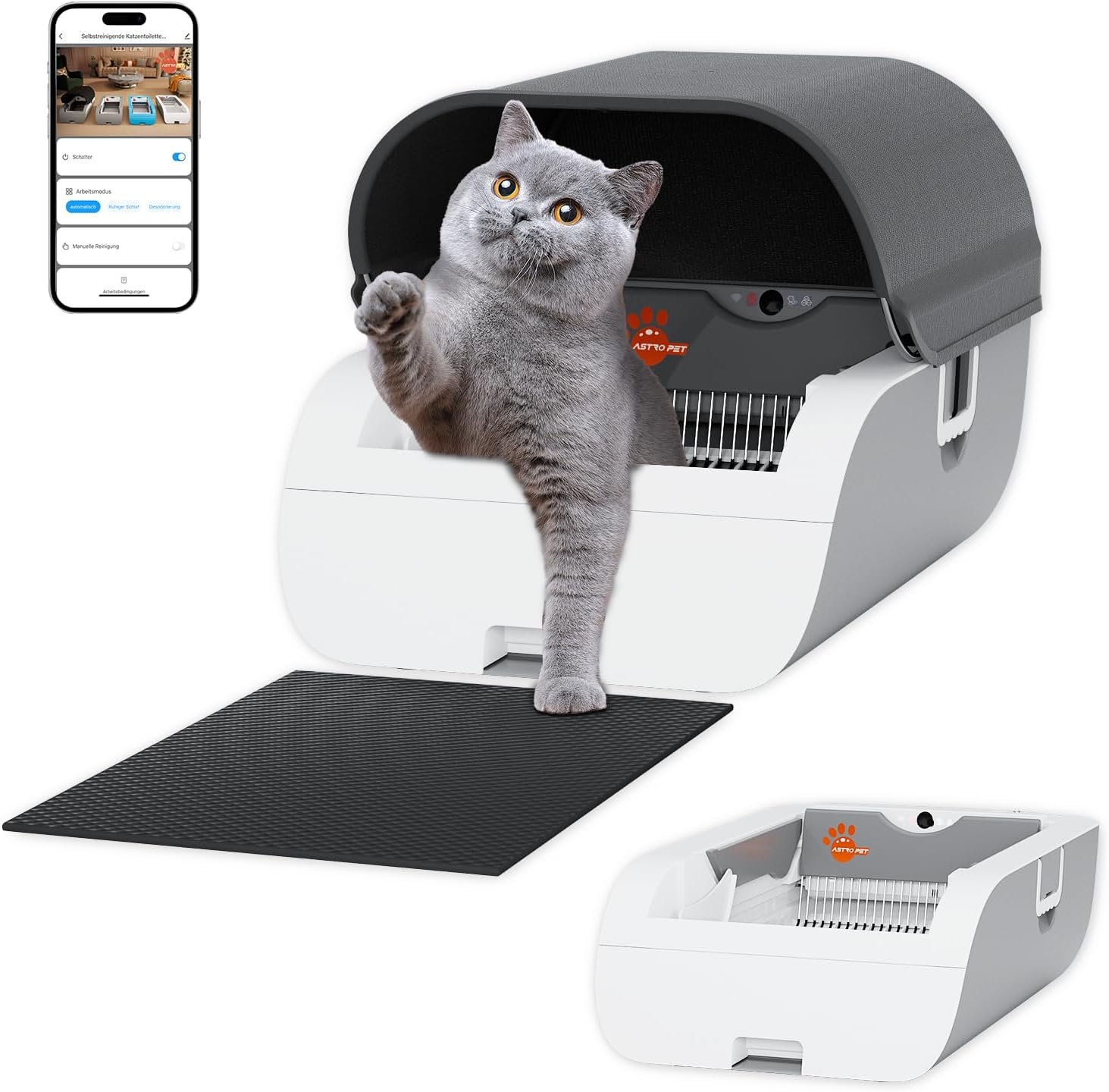 AstroPet selbstreinigende Katzentoilette mit Einklemmschutz und Geruchs-Neutralisierung, App Steuerung, viel Platz, kompatibel auch für schwere Katzen