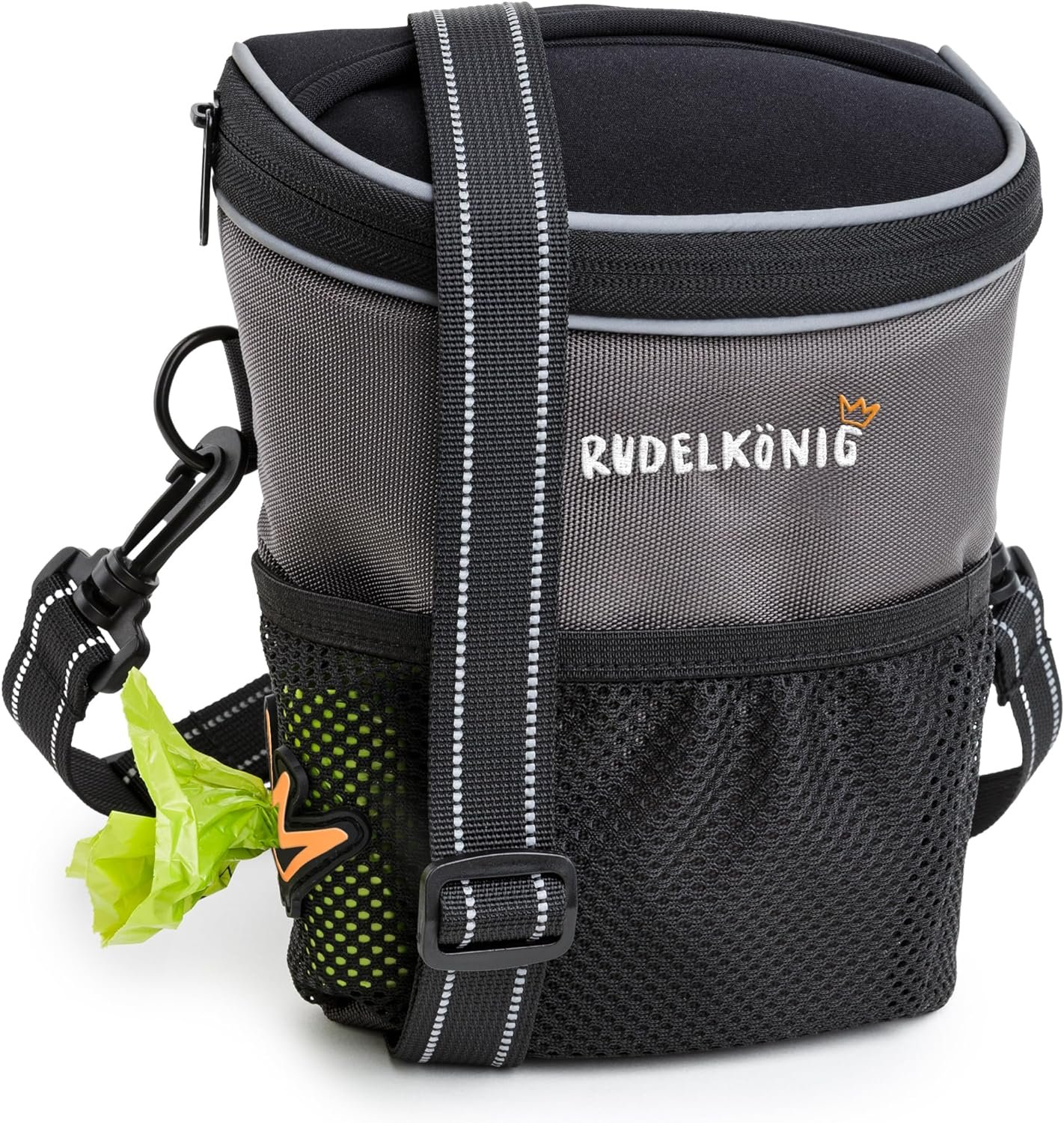 Rudelkönig Treat Bag for Dogs - Practical Dog Training Bag - Treat Bag with Waste Bag Dispenser for Hanging, Zip, Stone Grey