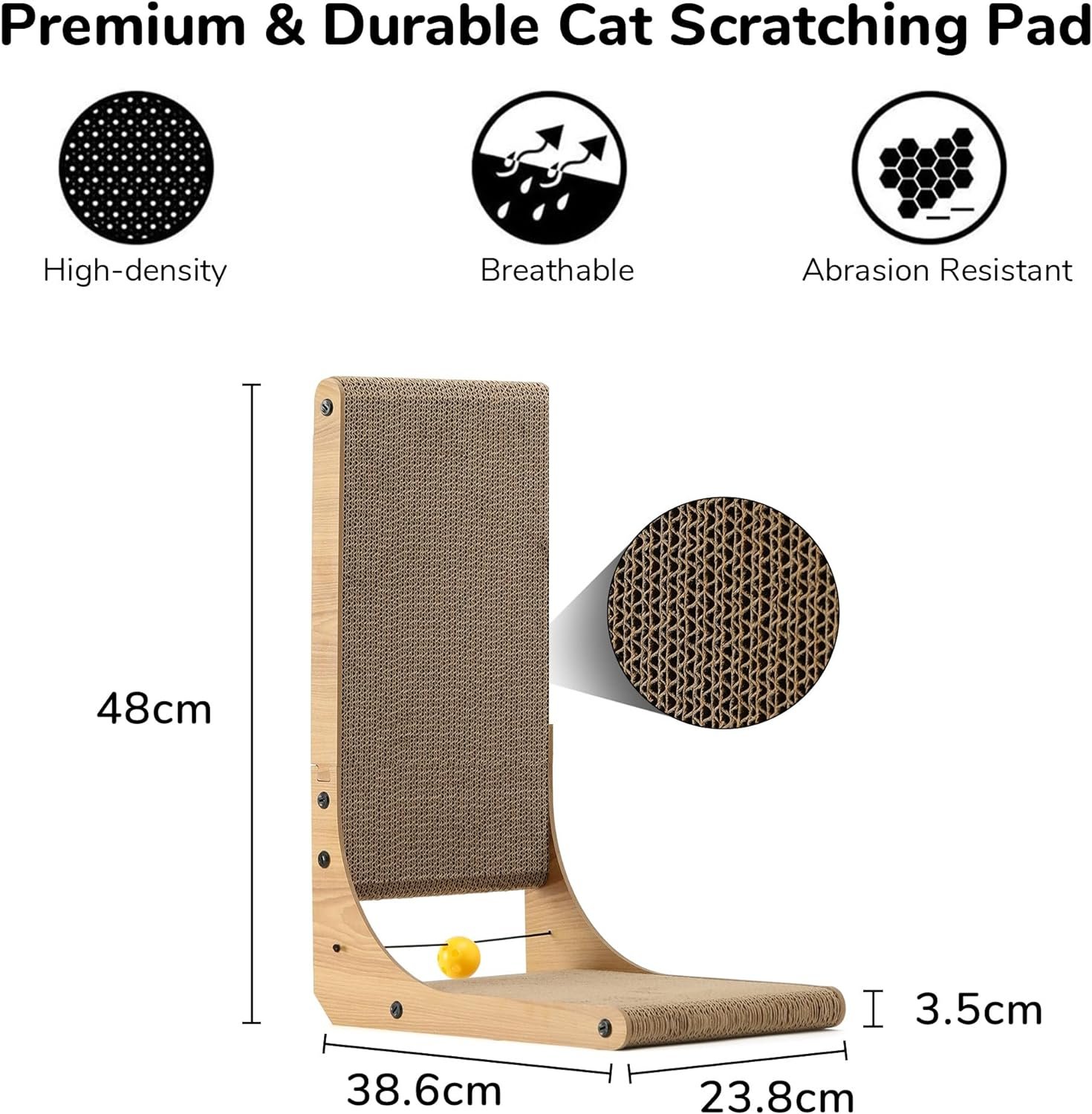 FUKUMARU Cat Scratching Board, 68 cm High L Shaped Scratching Board for Cats, Durable Cat Scratching Board with Ball Toy, Cat Scratching Furniture Made of High-Quality Cardboard for Wall and Corner,