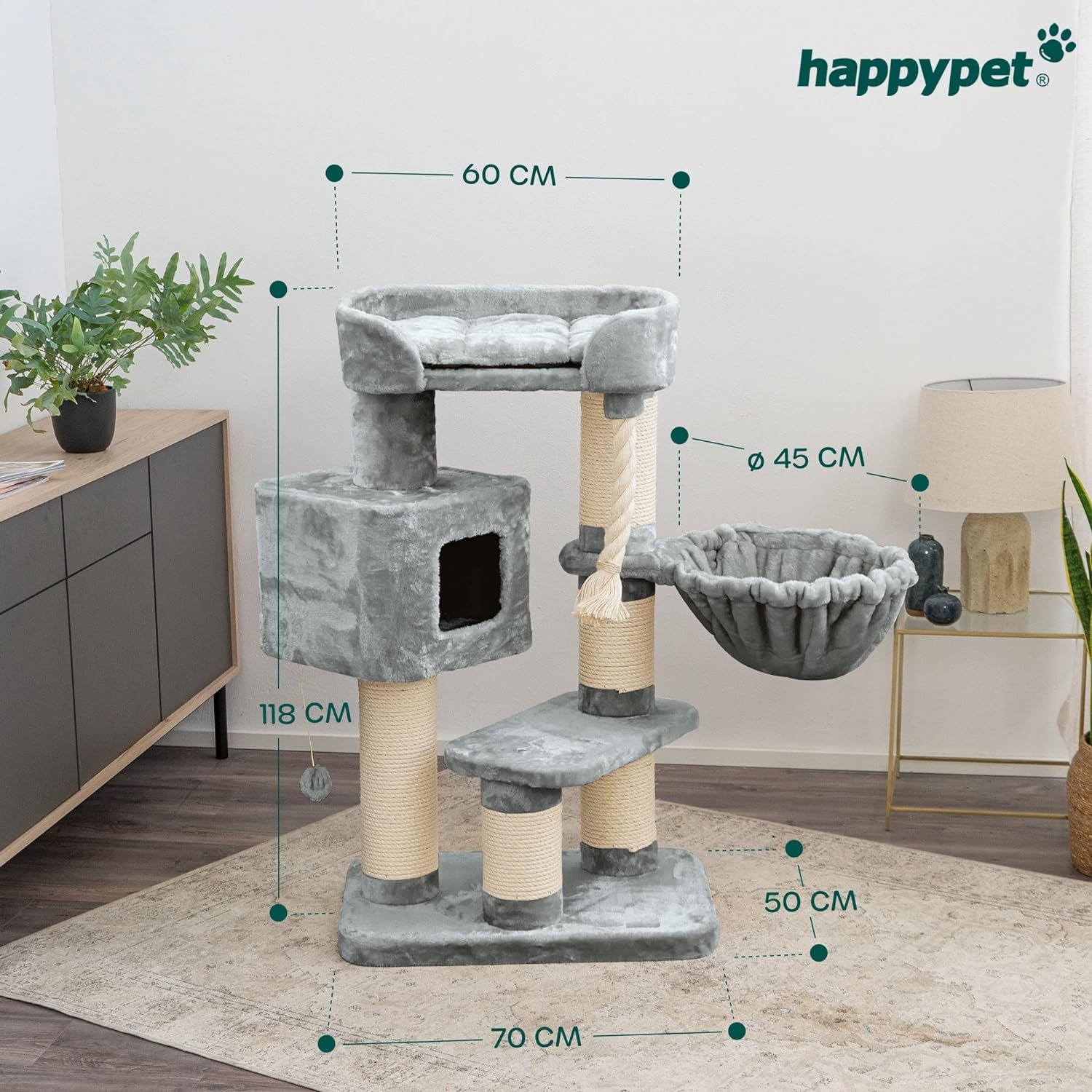 HAPPYPET Maine Coon Cat Scratching Post 118 cm High for Large Cats, Stable Cat Tree, Approx. 15 cm Thick Sisal Columns, Lounger, Play Rope  Cat House, Solid, Grey