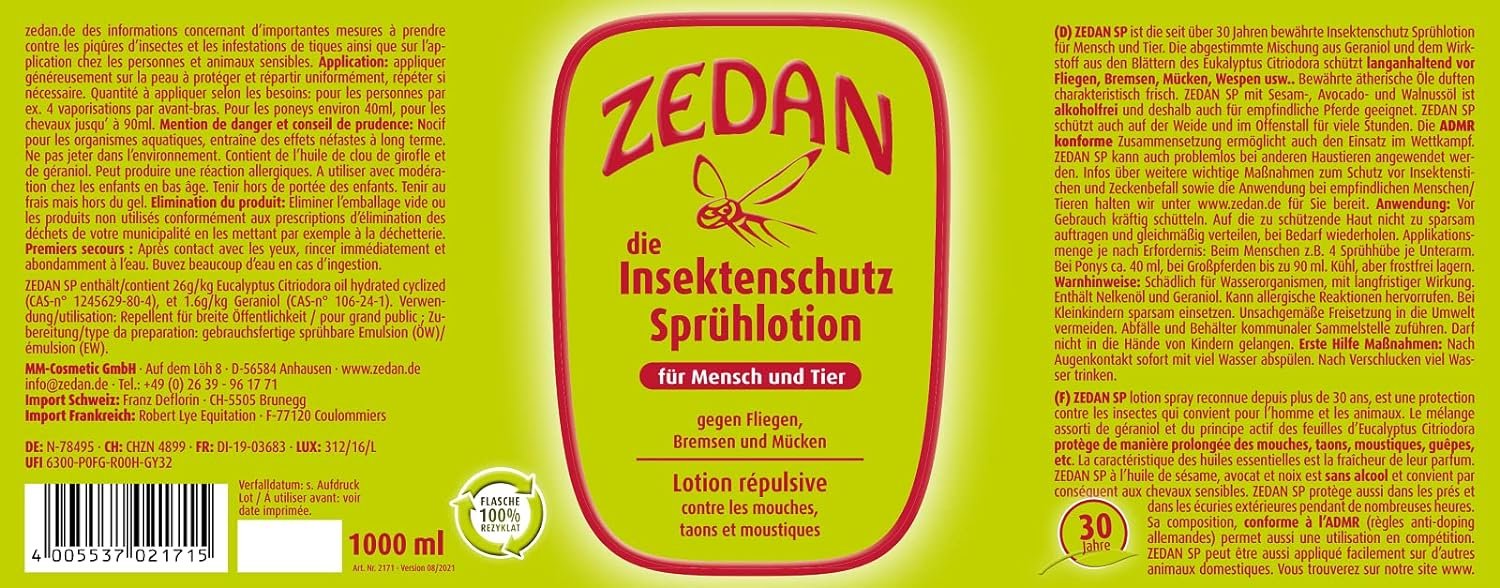 ZEDAN SP - Natürlicher Insektenschutz, 1000 ml Pumpspühflasche, Lotion, Citronella