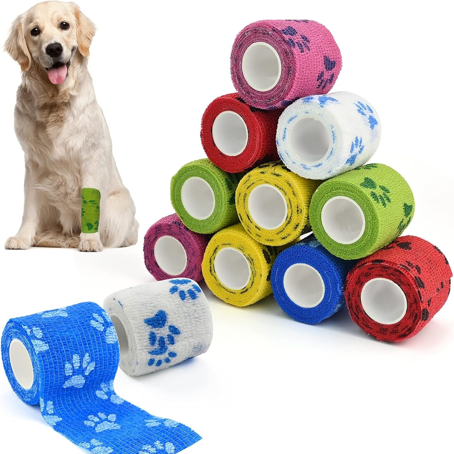 twirush 12 Rolls Self-Adhesive Bandage for Pets, Multifunctional Adhesive Bandage, Animal Bandage, Hand Tearing, Waterproof, Elastic Fixation Bandage, Wrap Adhesive Bandage for Humans, Pets (5 cm x