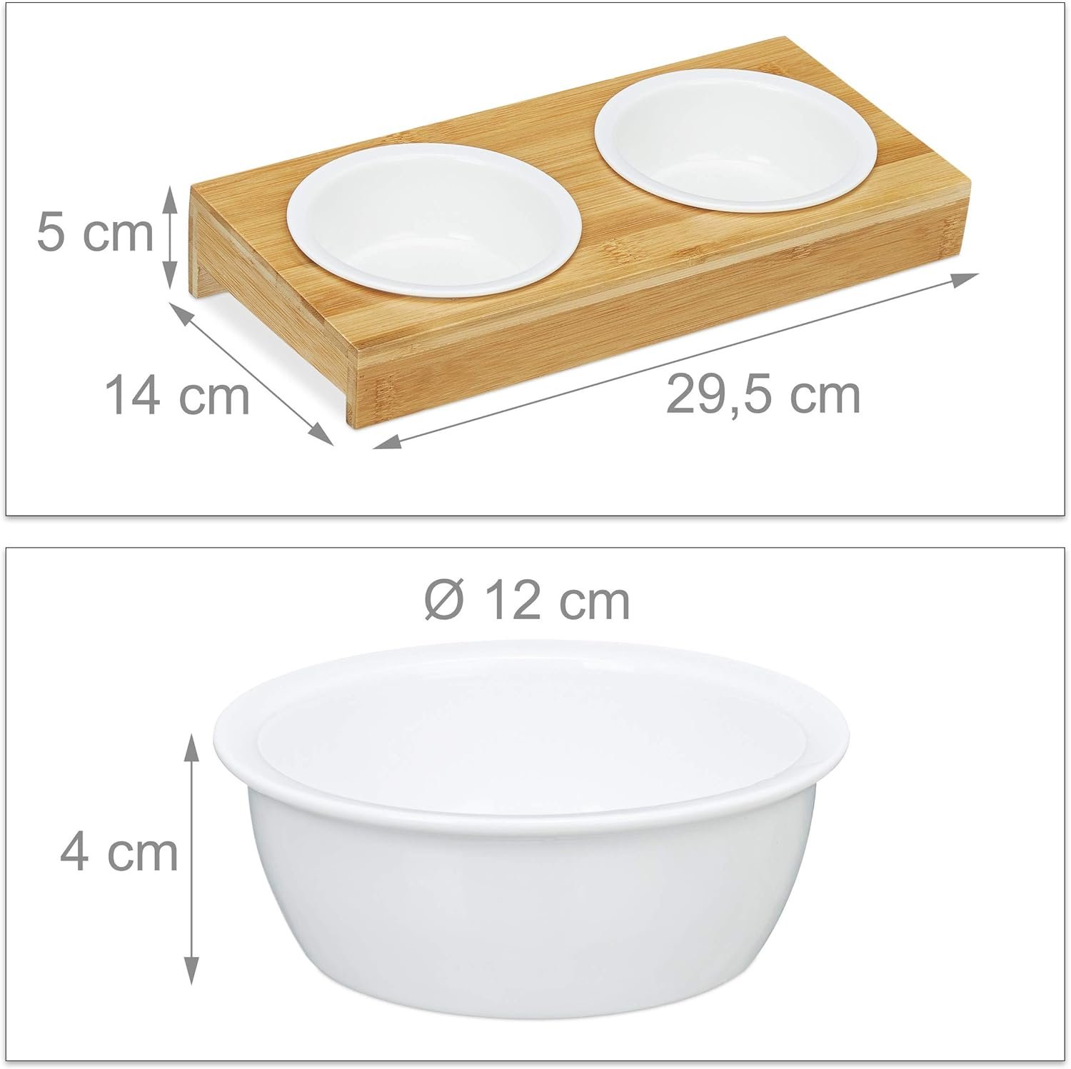 Relaxdays Double Bowl, Cats  Small Dogs, 2 x Ceramic Bowls, 200 ml Each, Dishwasher Safe, Bamboo Bowl, Natural/White