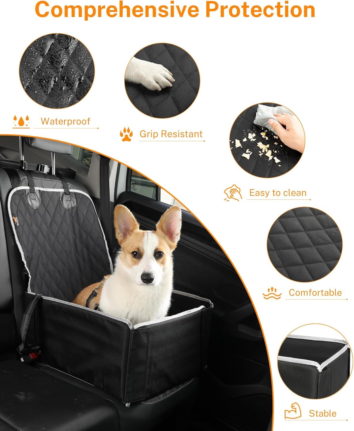 TOOZEY Dog Car Seat, Waterproof Car Seat Cover for Dogs, Portable Pet Car Seat Cover, Car Seat Double Layer, 43.5 x 26 x 8 cm, Black