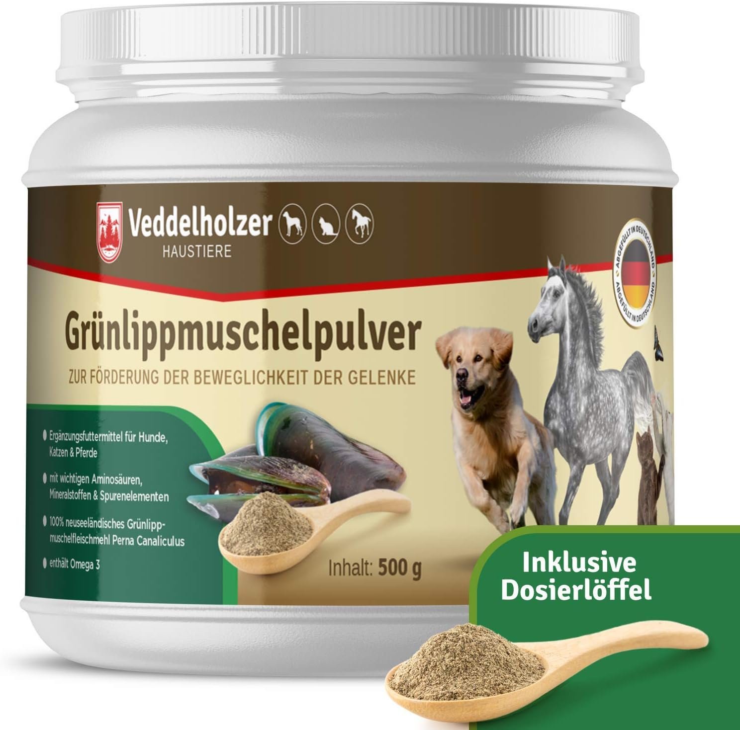 Veddelholzer Natural Green-Lipped Mussel Powder for Dogs, 500 g, Green-Lipped Mussel for Dogs, High-Quality Dietary Supplement, Green-Lipped Mussel Extract with High Acceptance for All Dogs